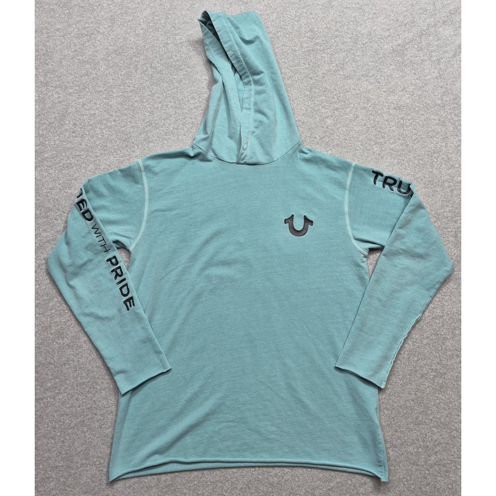 True Religion Hoodie Mens S Teal Horseshoe Logo Pullover Soft Casual Streetwear